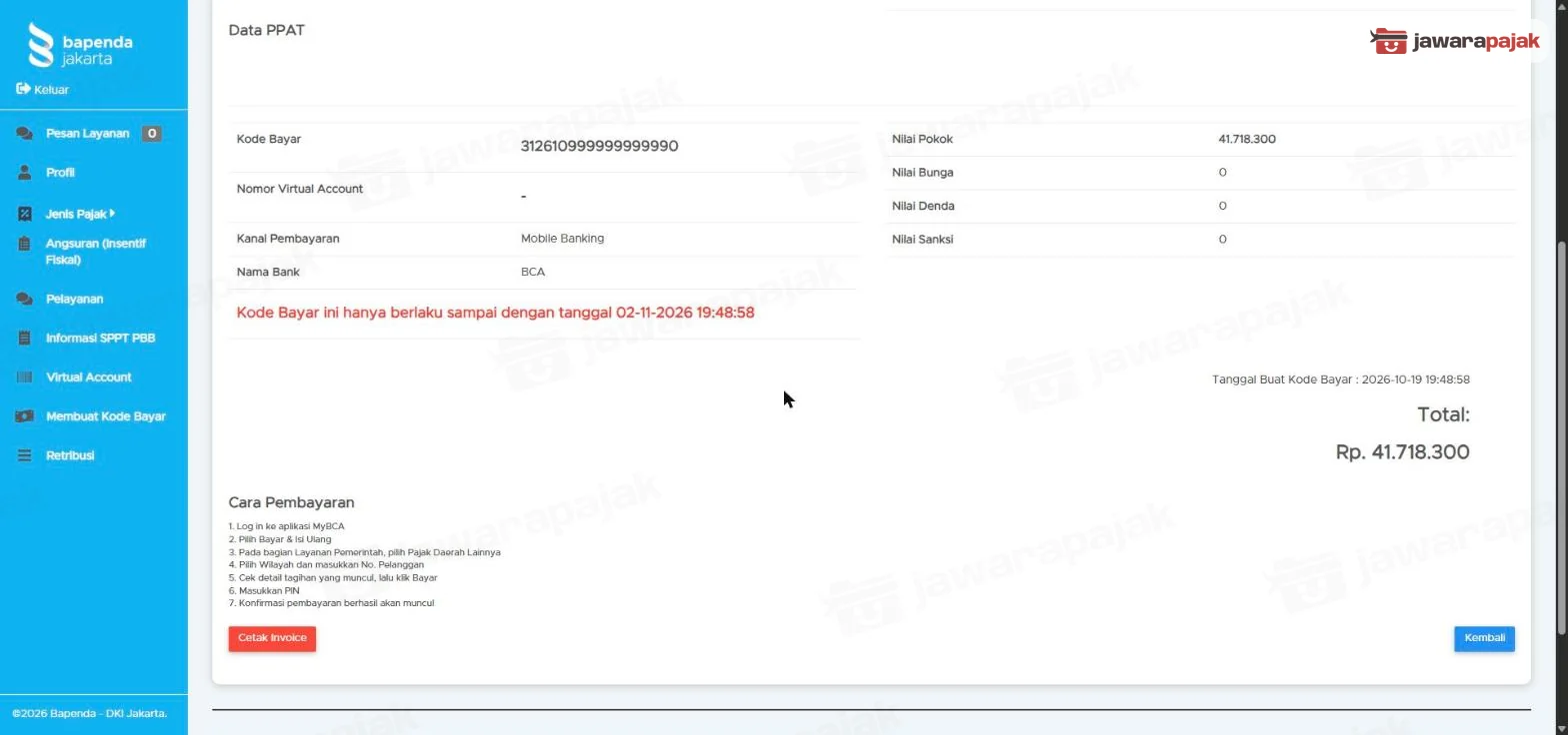 Kode bayar 18 digit, batas berlaku kode bayar berwarna merah, total, Cara Pembayaran, tombol Cetak Invoice dan Kembali