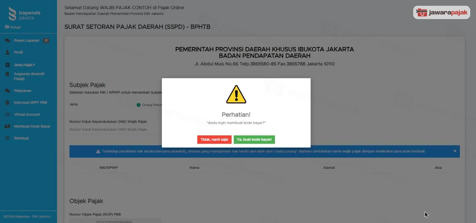 Pop up Perhatian: Anda ingin membuat kode bayar? dengan tombol Tidak, nanti saja! dan Ya, buat kode bayar!