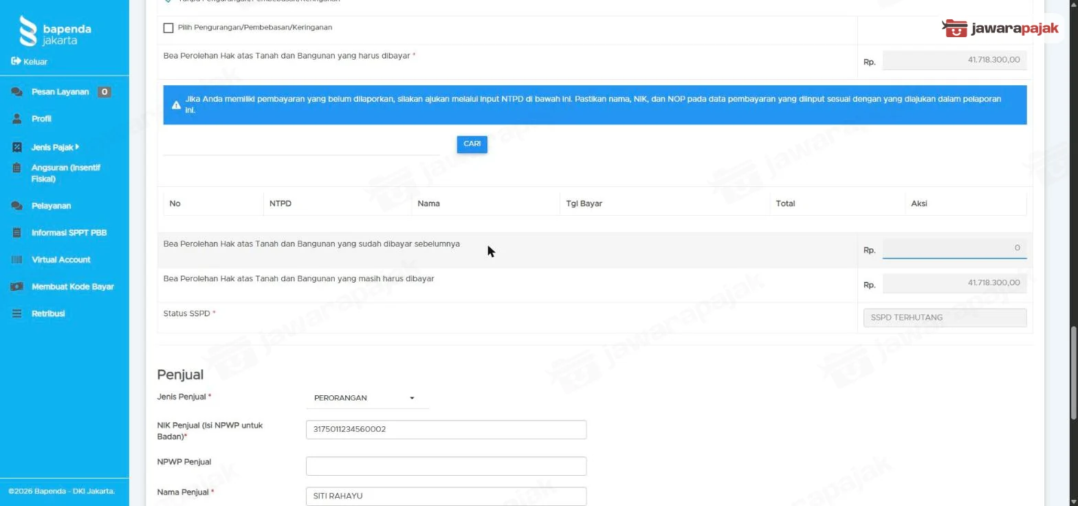 Baris BPHTB yang masih harus dibayar dan Status SSPD bertuliskan SSPD TERHUTANG