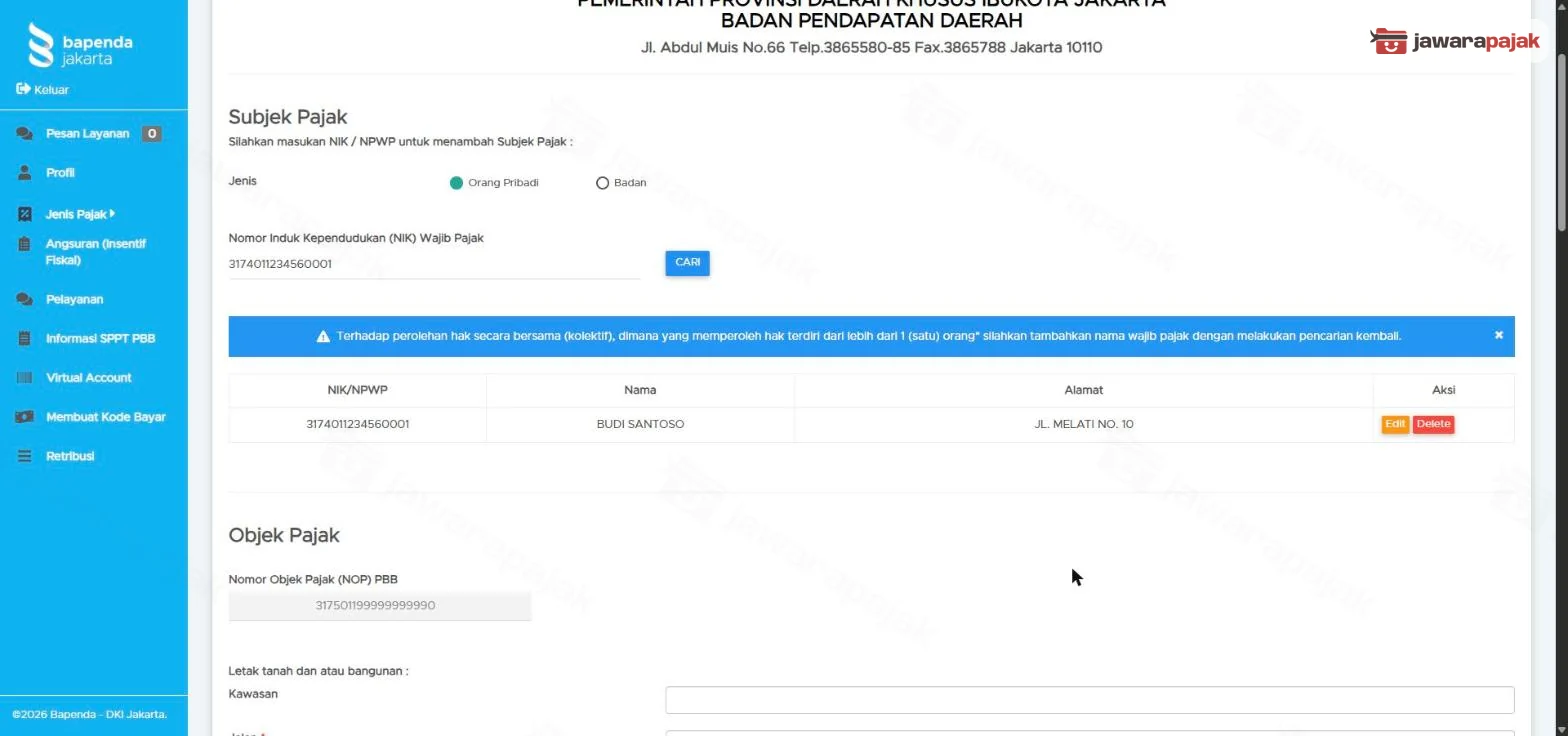 Tabel Subjek Pajak berisi NIK, nama, dan alamat wajib pajak dengan tombol Edit dan Delete
