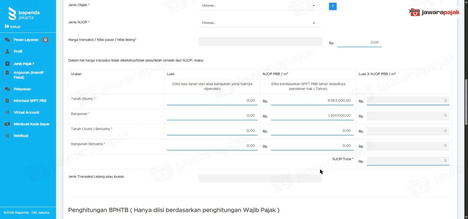 Bagian Perhitungan BPHTB Terhutang dengan tabel luas kali NJOP per meter, NJOP Total, dan isian Jenis Transaksi Lelang atau bukan di bawahnya