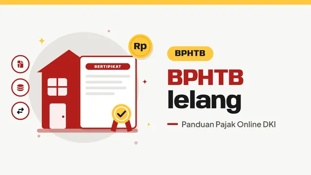 Ilustrasi rumah dan sertipikat tanah dengan cap, bertuliskan BPHTB lelang