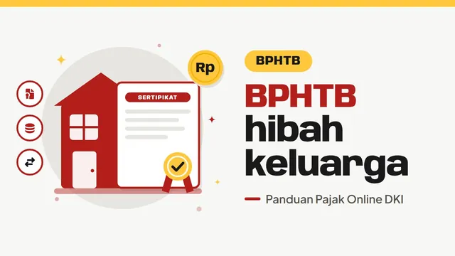 Ilustrasi rumah dan sertipikat tanah dengan cap, bertuliskan BPHTB hibah keluarga