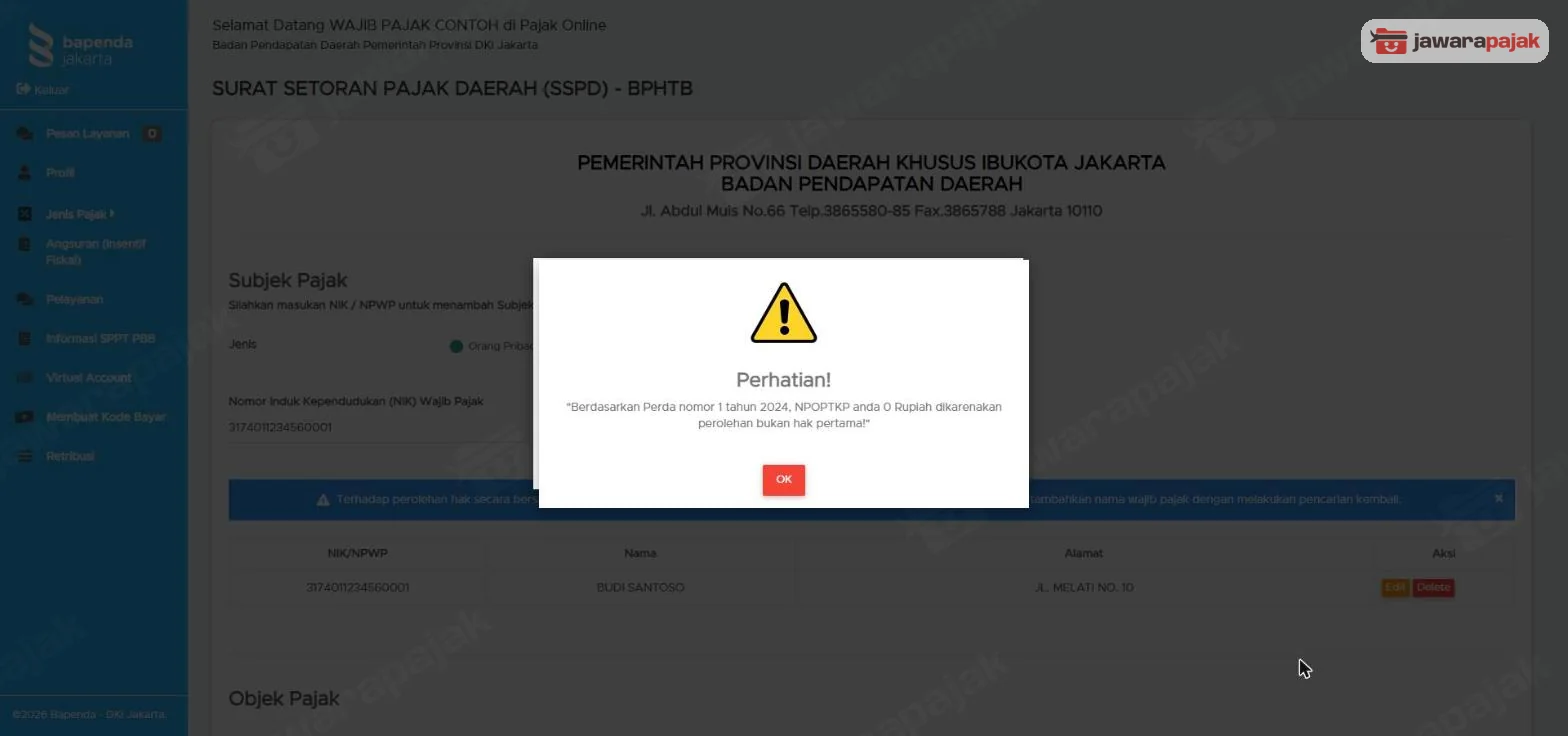 Pop up Perhatian: NPOPTKP anda 0 Rupiah dikarenakan perolehan bukan hak pertama, dengan tombol OK
