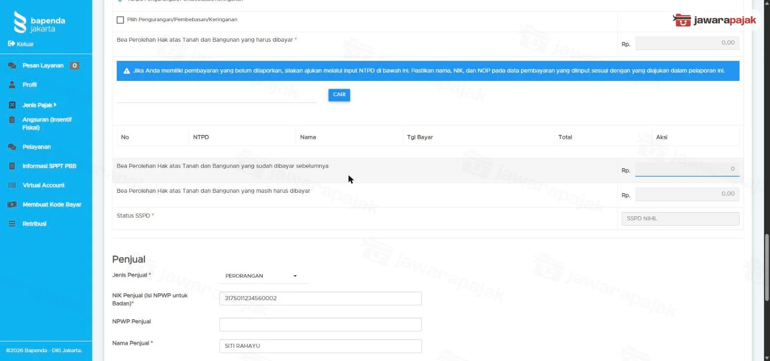 Baris BPHTB yang masih harus dibayar Rp0 dan Status SSPD bertuliskan SSPD NIHIL