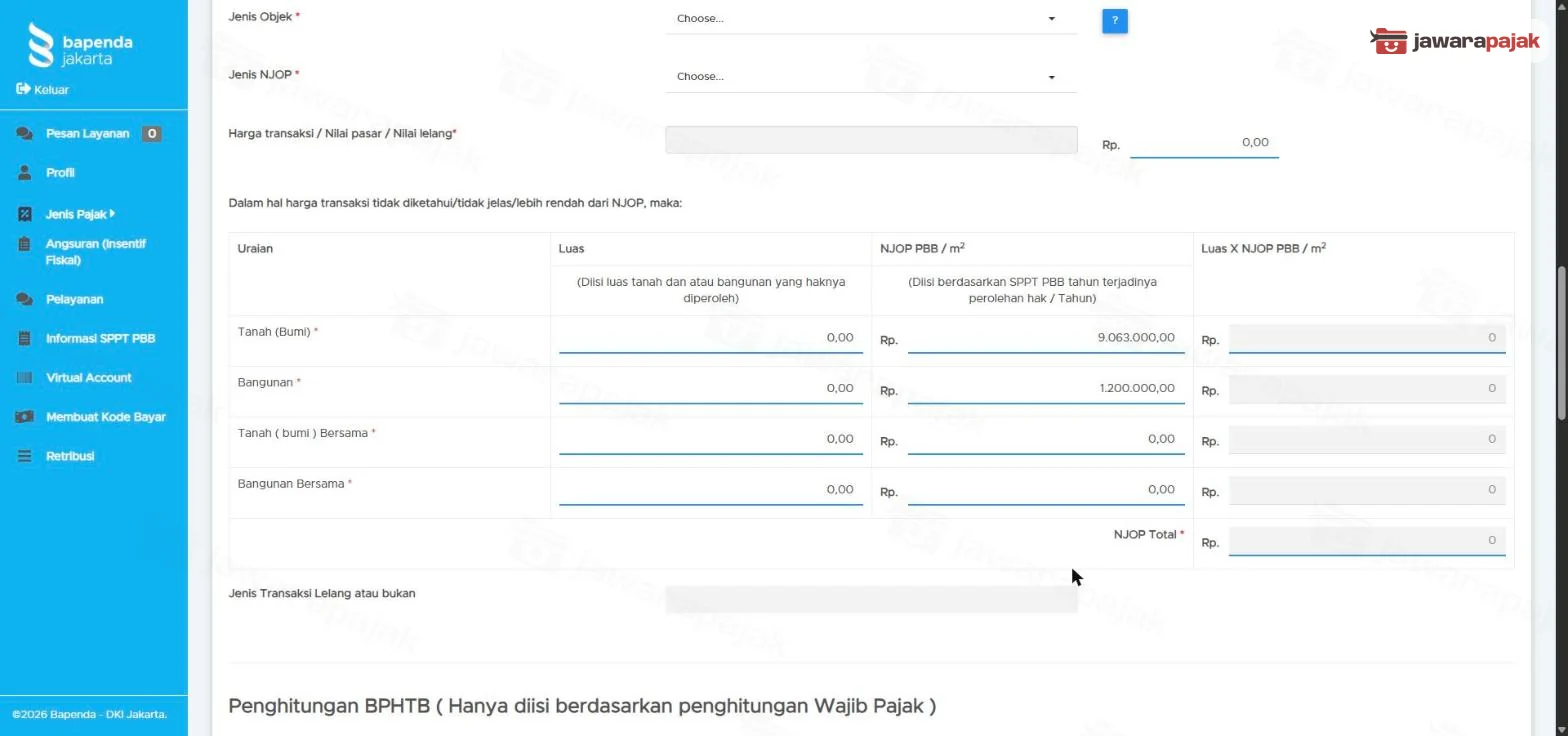 Bagian Perhitungan BPHTB Terhutang: Jenis Objek, Jenis NJOP, harga, dan tabel luas kali NJOP per meter