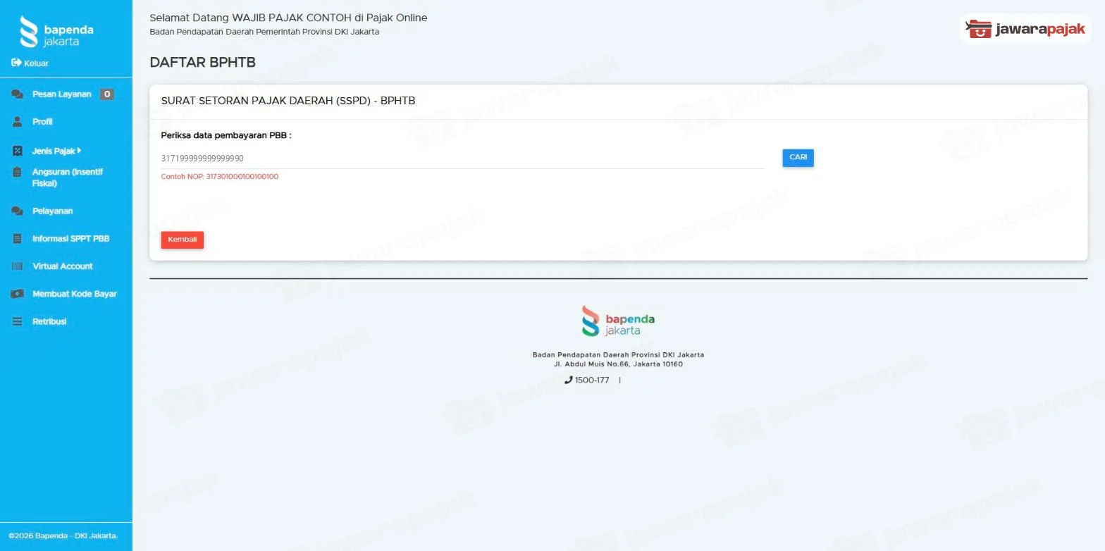 Halaman DAFTAR BPHTB dengan isian NOP pada Periksa data pembayaran PBB dan tombol CARI