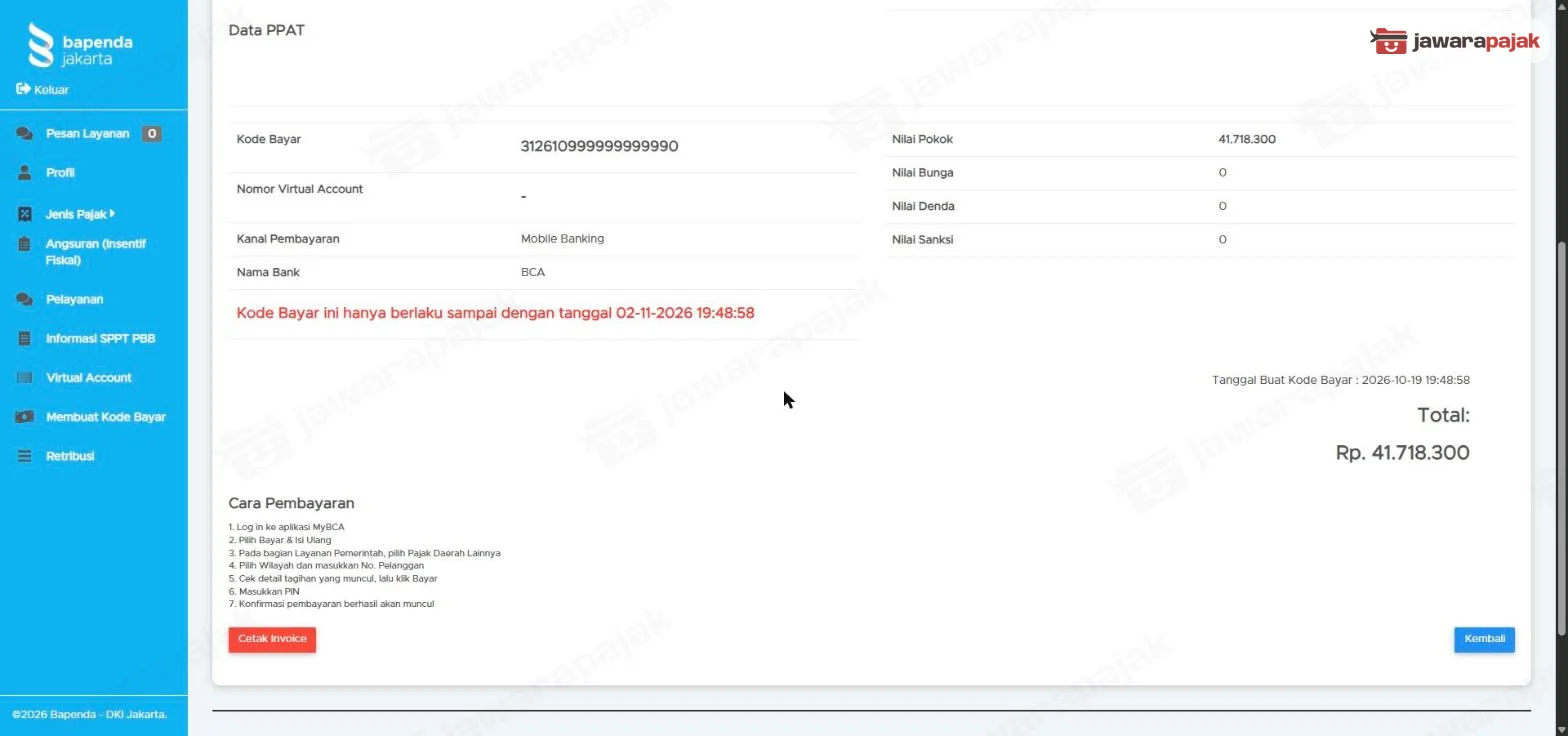 Kode bayar 18 digit, batas berlaku kode bayar berwarna merah, total, Cara Pembayaran, tombol Cetak Invoice dan Kembali