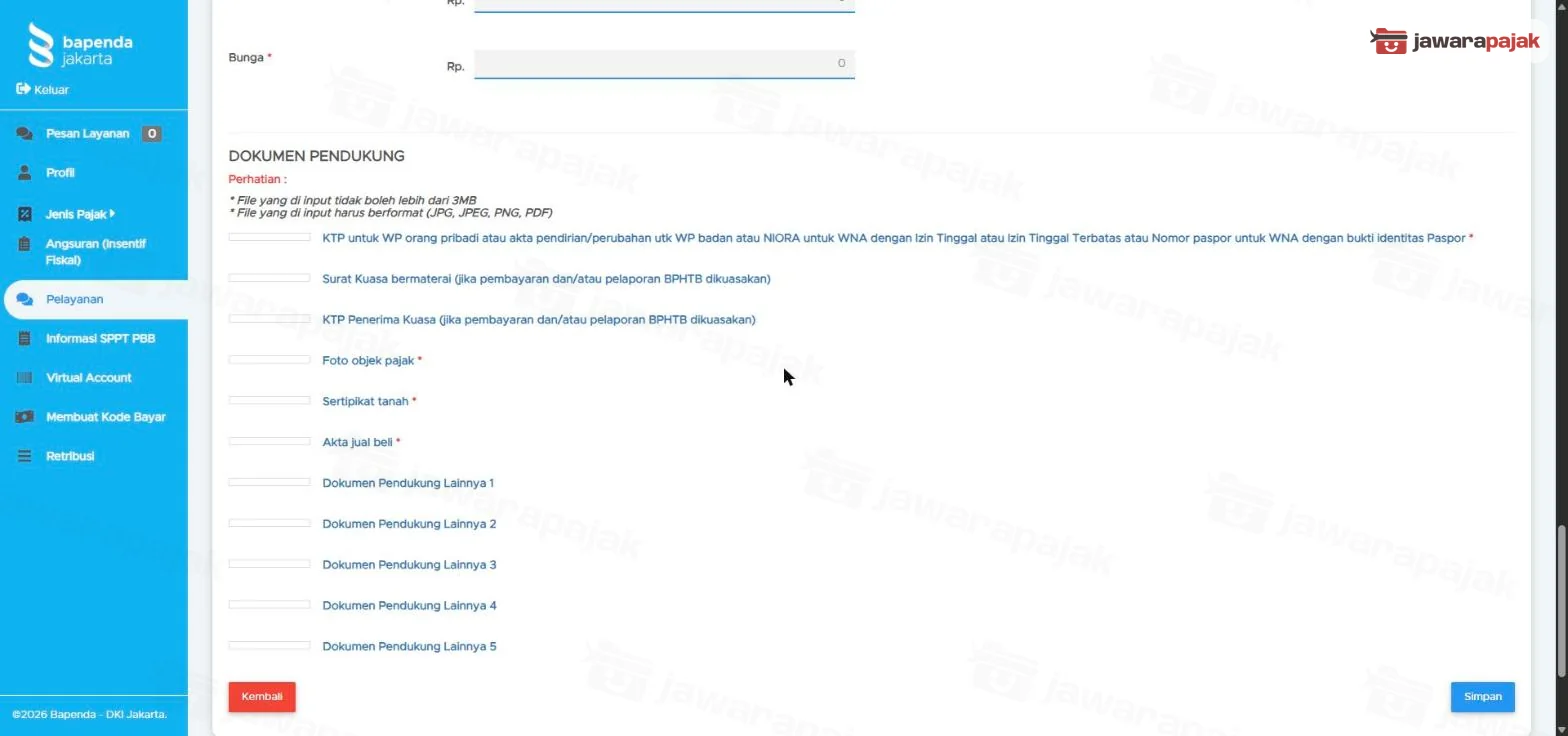 Bagian DOKUMEN PENDUKUNG: batas 3 MB, daftar KTP, surat kuasa, KTP penerima kuasa, foto objek, sertipikat, akta jual beli, Dokumen Pendukung Lainnya 1 sampai 5, tombol Simpan