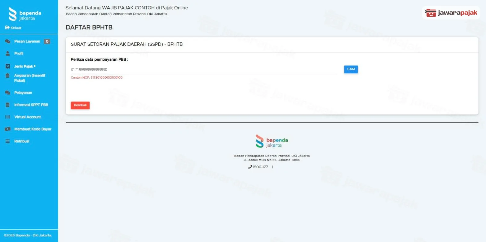 Halaman DAFTAR BPHTB, bagian Periksa data pembayaran PBB dengan isian NOP dan tombol CARI
