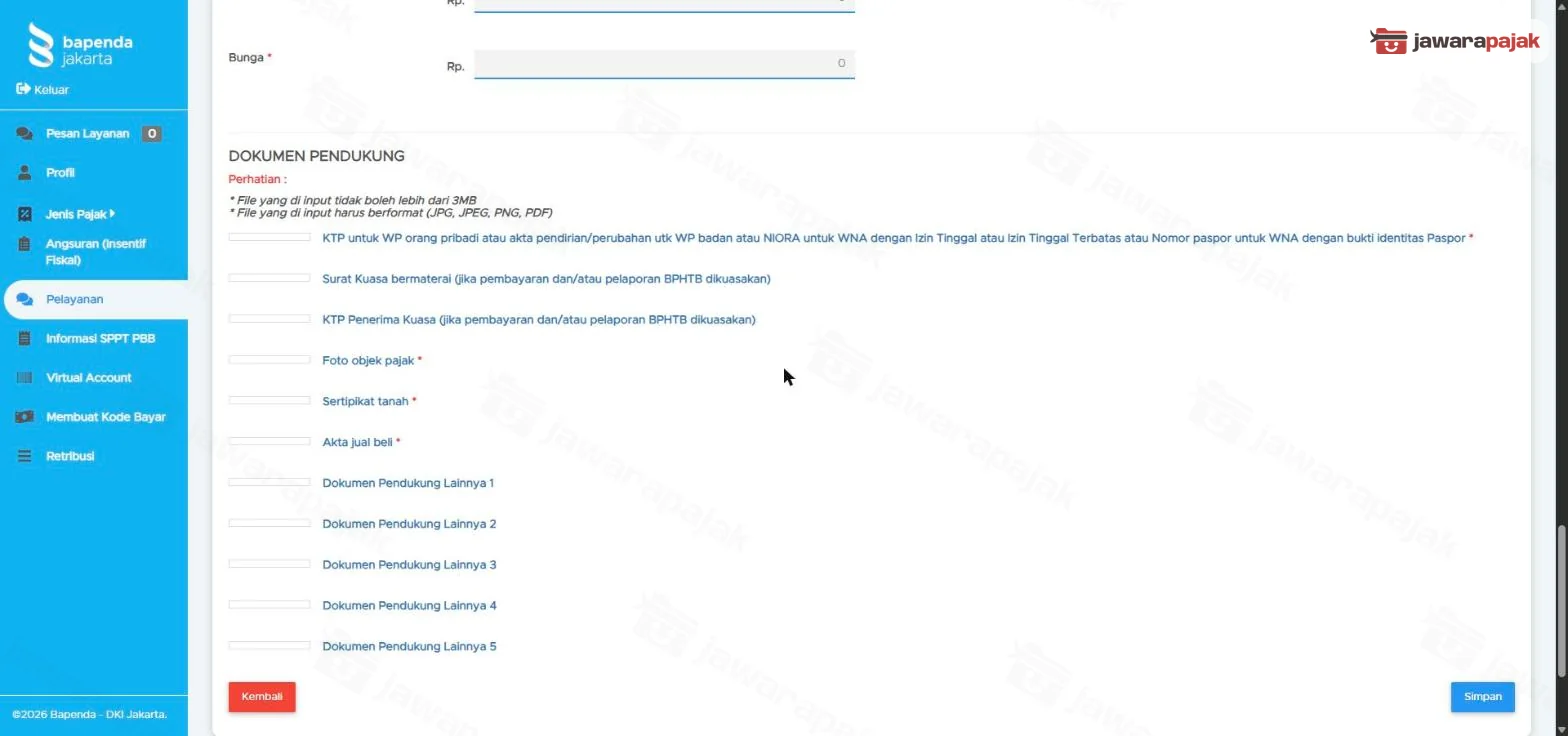 Bagian DOKUMEN PENDUKUNG: catatan file maksimal 3MB berformat JPG, JPEG, PNG, PDF, daftar dokumen bertanda bintang, Dokumen Pendukung Lainnya 1 sampai 5, tombol Kembali dan Simpan