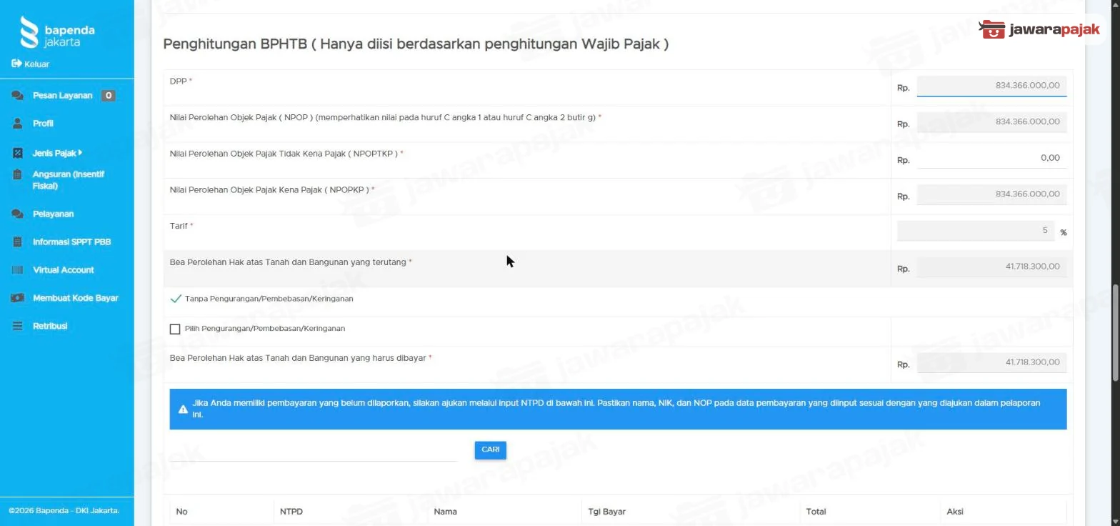 Bagian Penghitungan BPHTB dengan DPP, NPOP, NPOPTKP, NPOPKP, Tarif 5%, BPHTB terutang, pilihan Tanpa Pengurangan/Pembebasan/Keringanan dan Pilih Pengurangan/Pembebasan/Keringanan, serta BPHTB yang harus dibayar