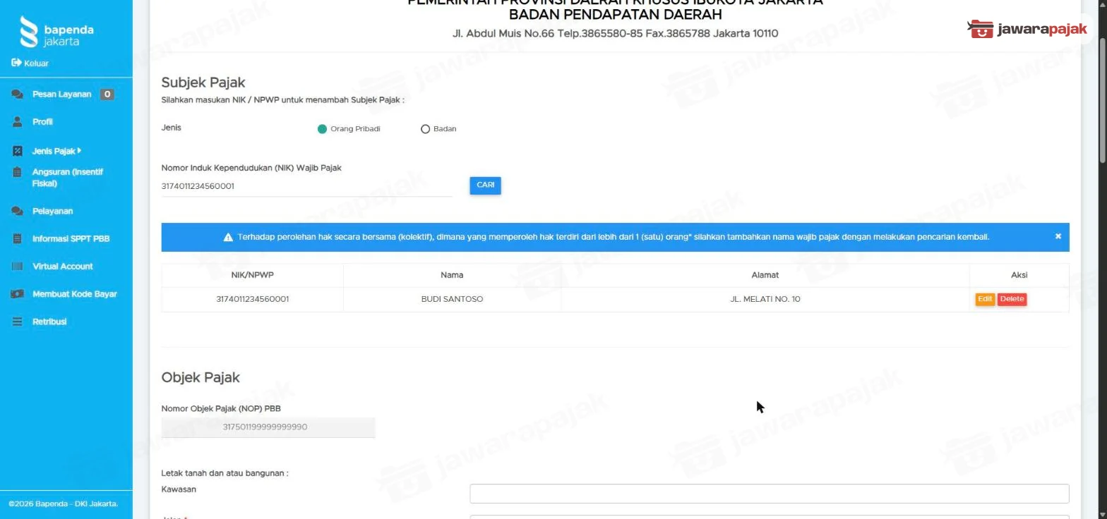 Bagian Subjek Pajak dengan pilihan Orang Pribadi, NIK dummy, tombol CARI, dan tabel berisi satu wajib pajak