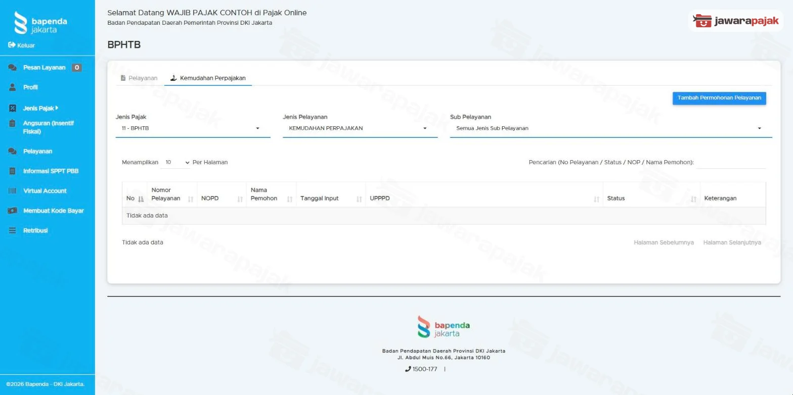 Tab Kemudahan Perpajakan di menu BPHTB dengan filter 11 - BPHTB dan KEMUDAHAN PERPAJAKAN serta tombol Tambah Permohonan Pelayanan