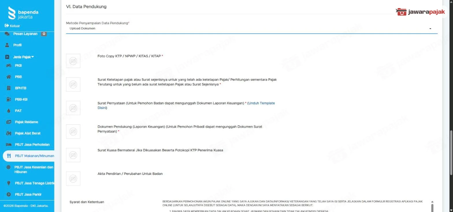 bagian VI Data Pendukung formulir angsuran dengan empat dokumen wajib, tautan Unduh Template Disini, dan dua dokumen opsional