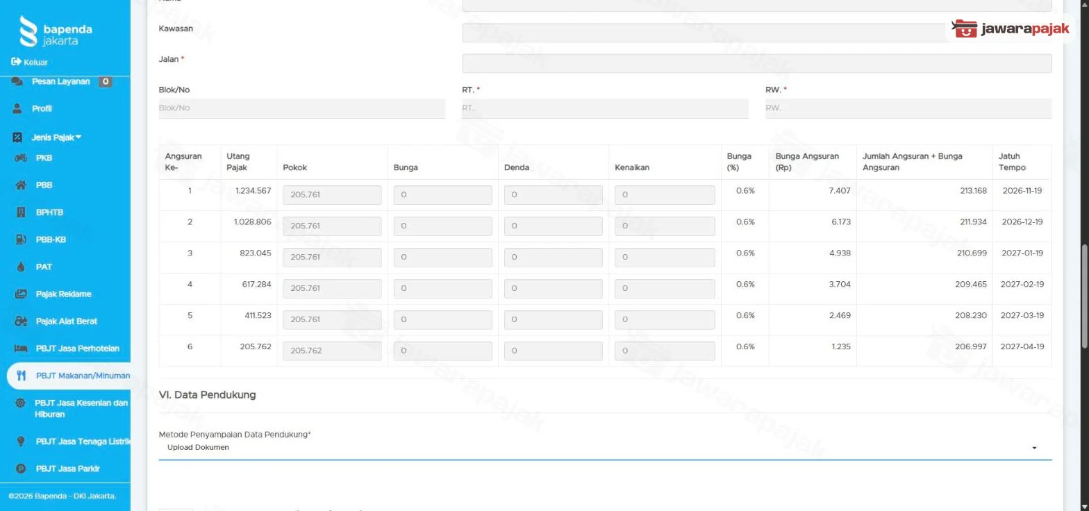 tabel jadwal angsuran enam bulan hasil hitungan portal dengan bunga 0,6% dan jatuh tempo 19 November 2026 sampai 19 April 2027
