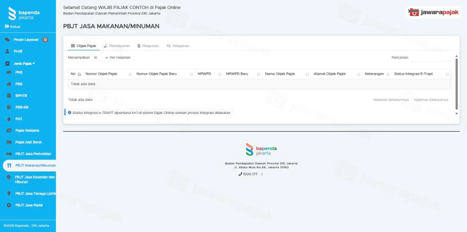 halaman PBJT Jasa Makanan/Minuman dengan tab Objek Pajak, Pembayaran, Pelaporan, dan Pelayanan