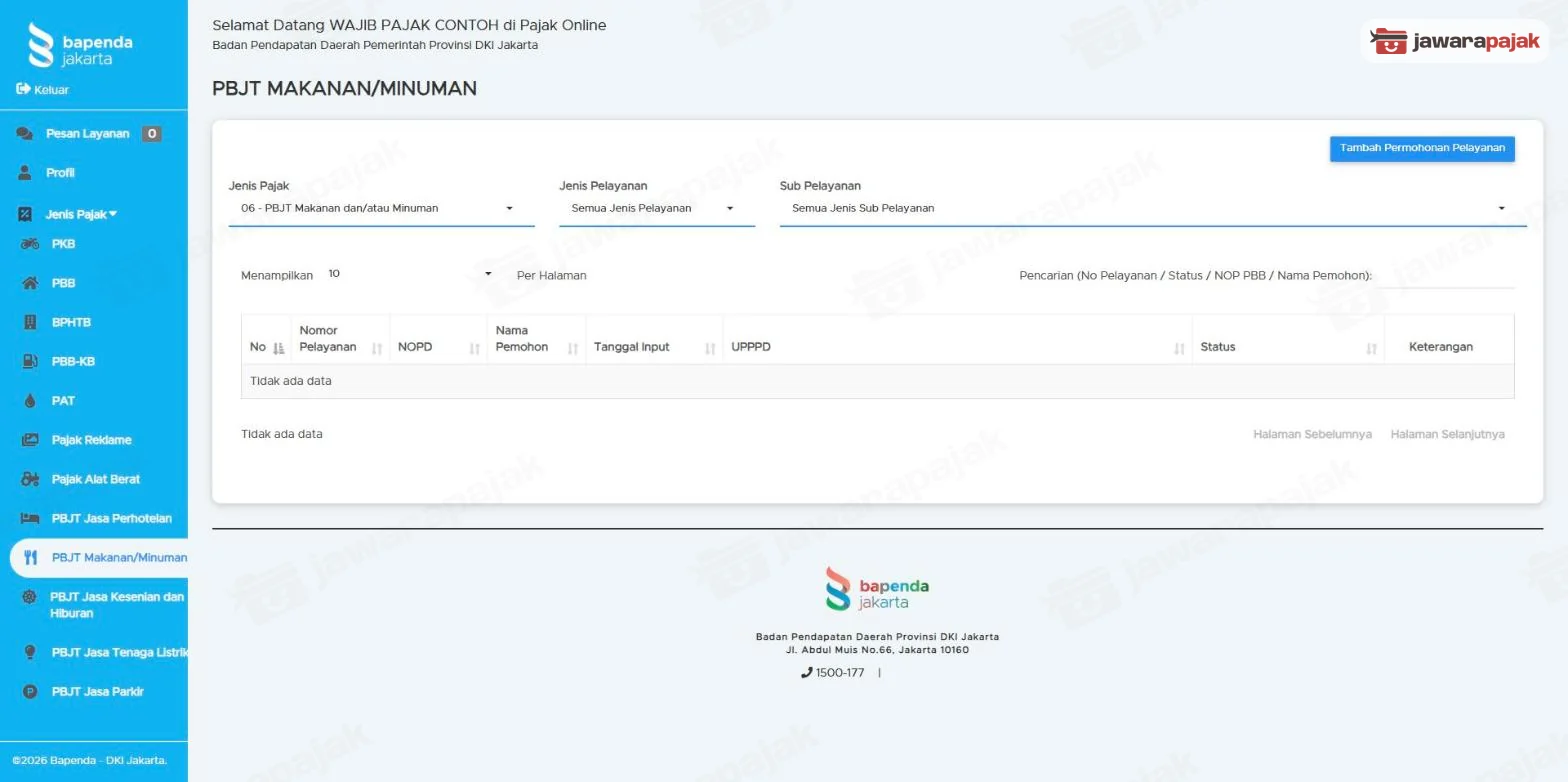 halaman PBJT Makanan/Minuman berisi daftar permohonan dan tombol Tambah Permohonan Pelayanan di kanan atas