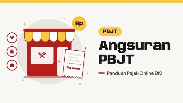 Ilustrasi rumah makan dengan struk pembayaran, bertuliskan Angsuran PBJT