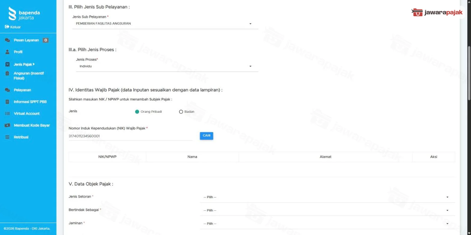 Formulir Kemudahan Perpajakan dengan Jenis Sub Pelayanan PEMBERIAN FASILITAS ANGSURAN, Jenis Proses Individu, NIK wajib pajak dummy, tombol CARI, dan awal bagian Data Objek Pajak