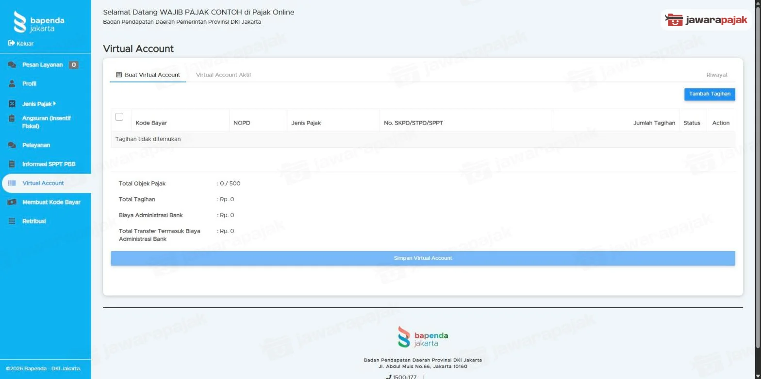 Tab Buat Virtual Account dengan tombol Tambah Tagihan, tabel tagihan kosong, ringkasan Total Objek Pajak 0 / 500, dan tombol Simpan Virtual Account