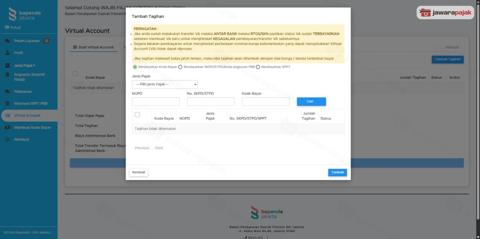 Jendela Tambah Tagihan dengan peringatan RTGS/SKN, pilihan Berdasarkan Kode Bayar, Berdasarkan SKPD/STPD/kode angsuran PBB, Berdasarkan SPPT, isian Jenis Pajak, NOPD, No. SKPD/STPD, Kode Bayar, tombol Cari, tabel tagihan berkotak centang, tombol Kembali dan Tambah