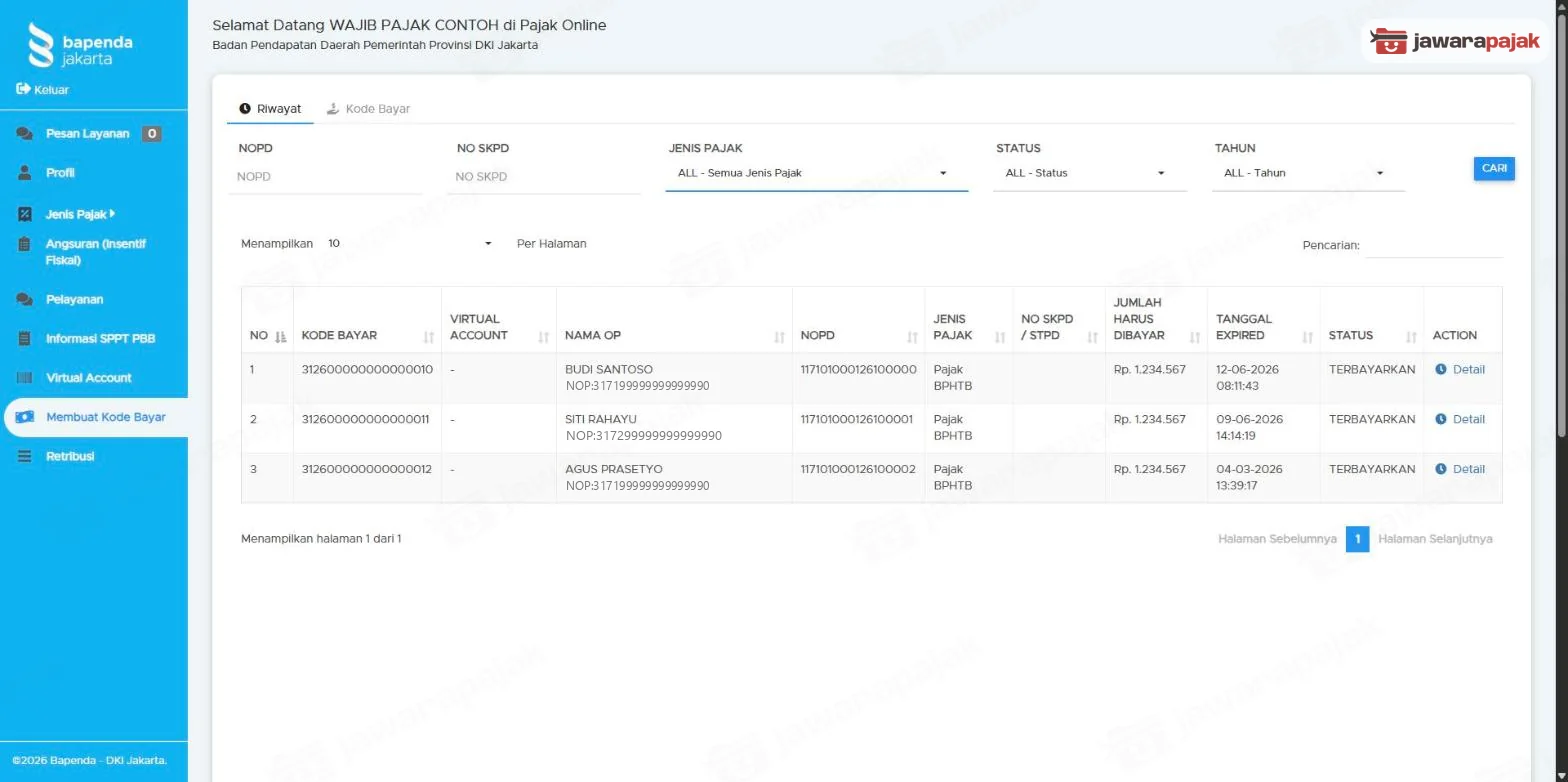 Tab Riwayat di menu Membuat Kode Bayar dengan filter NOPD, No SKPD, Jenis Pajak, Status, Tahun, dan contoh kode bayar BPHTB berstatus TERBAYARKAN (data dummy)