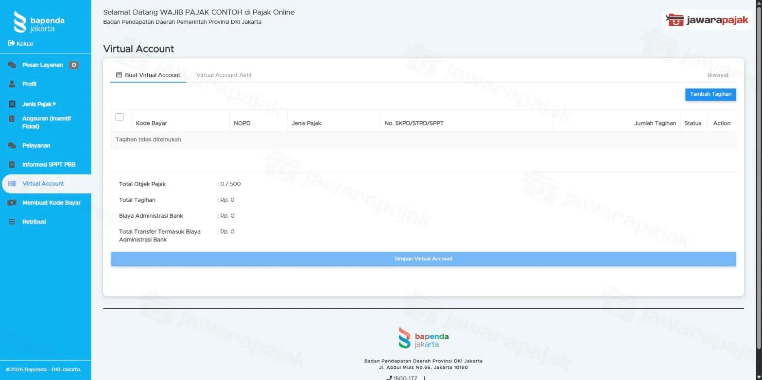 Menu Virtual Account tab Buat Virtual Account: tombol Tambah Tagihan, tabel tagihan, ringkasan Total Objek Pajak 0/500, Total Tagihan, Biaya Administrasi Bank, Total Transfer, dan tombol Simpan Virtual Account