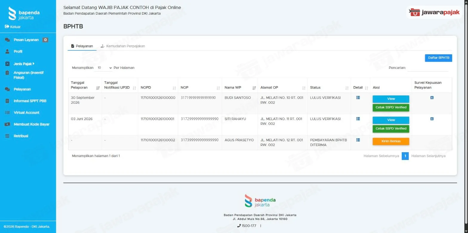 Halaman BPHTB tab Pelayanan dengan tombol Daftar BPHTB di kanan atas dan daftar pelaporan SSPD (data dummy)