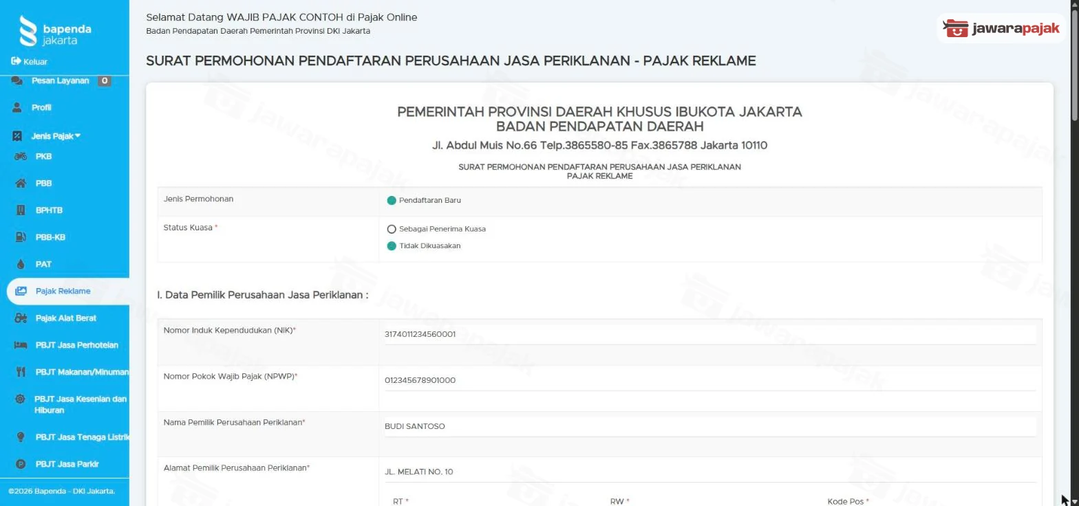 Formulir Surat Permohonan Pendaftaran Perusahaan Jasa Periklanan dengan Jenis Permohonan Pendaftaran Baru, Status Kuasa, dan bagian I Data Pemilik