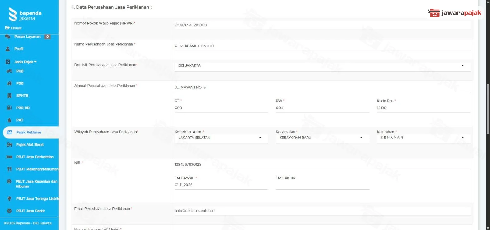 Bagian II Data Perusahaan Jasa Periklanan dengan NPWP, nama perusahaan, domisili DKI JAKARTA, alamat, wilayah, NIB, TMT AWAL, TMT AKHIR, dan email