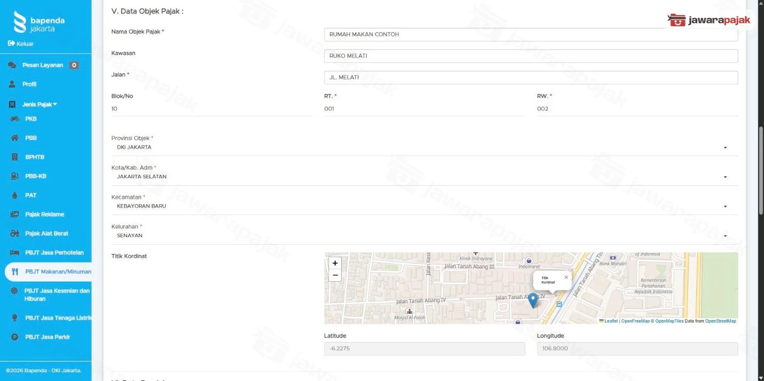 Bagian V Data Objek Pajak terisi data dummy RUMAH MAKAN CONTOH, dengan peta Titik Kordinat serta Latitude dan Longitude
