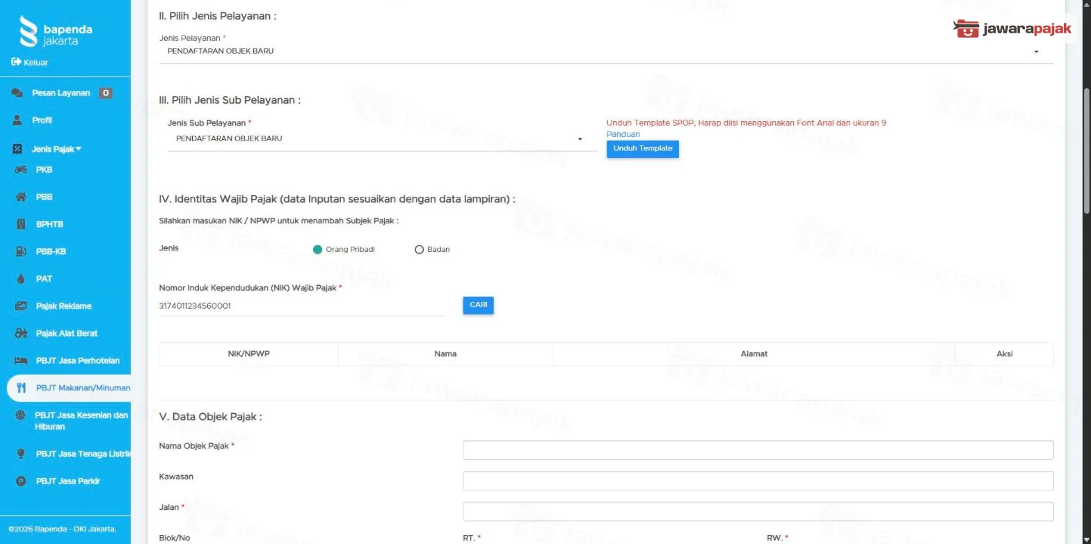 Formulir pendaftaran objek baru: Jenis Pelayanan dan Jenis Sub Pelayanan PENDAFTARAN OBJEK BARU, tombol Unduh Template, dan bagian Identitas Wajib Pajak dengan NIK dummy dan tombol CARI
