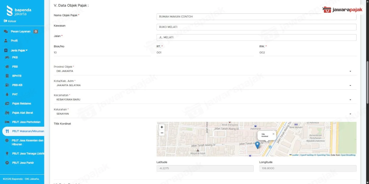 Bagian V Data Objek Pajak terisi data dummy RUMAH MAKAN CONTOH, dengan peta Titik Kordinat serta Latitude dan Longitude
