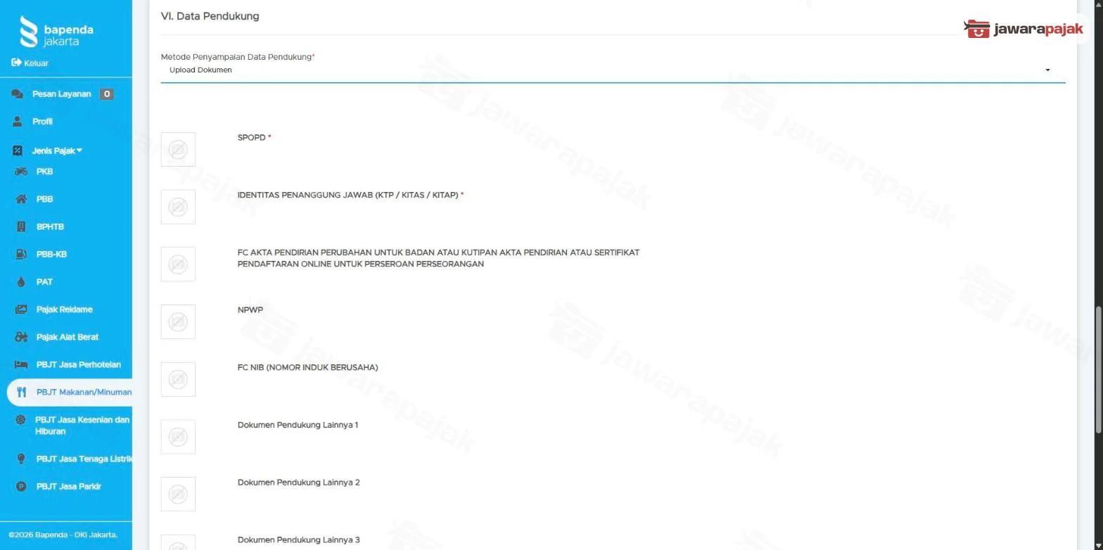 Bagian VI Data Pendukung dengan metode Upload Dokumen dan daftar dokumen: SPOPD dan identitas penanggung jawab bertanda wajib, akta, NPWP, NIB, dan dokumen pendukung lainnya