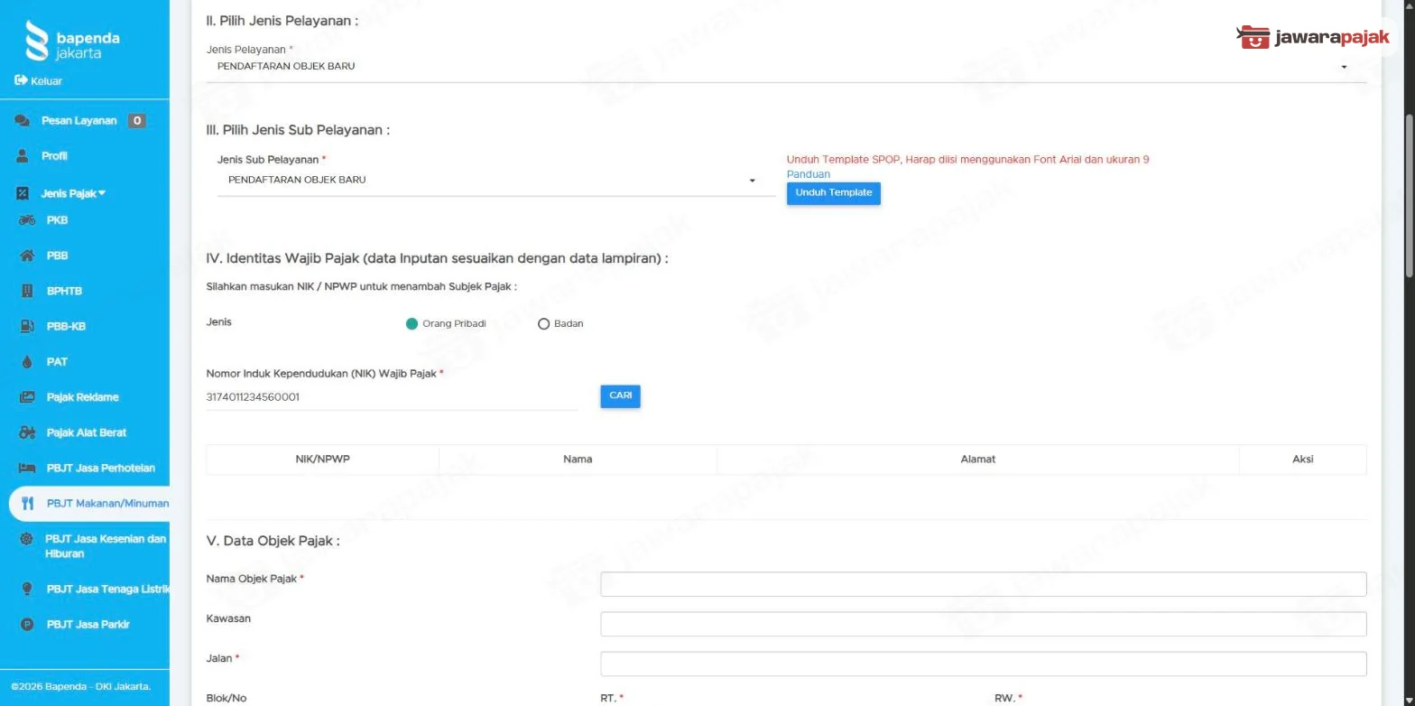 Formulir pendaftaran objek baru: Jenis Pelayanan dan Jenis Sub Pelayanan PENDAFTARAN OBJEK BARU, tombol Unduh Template, dan bagian Identitas Wajib Pajak dengan NIK dummy dan tombol CARI