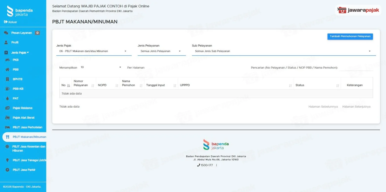 Halaman daftar pelayanan PBJT Makanan/Minuman dengan penyaring Jenis Pajak, Jenis Pelayanan, Sub Pelayanan, dan tombol Tambah Permohonan Pelayanan