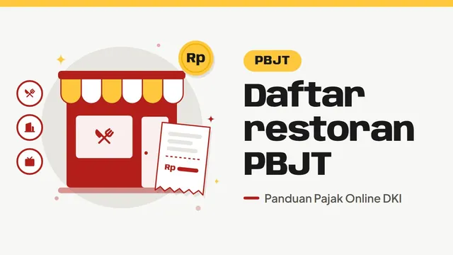 Ilustrasi rumah makan dengan struk pembayaran, bertuliskan Daftar restoran PBJT