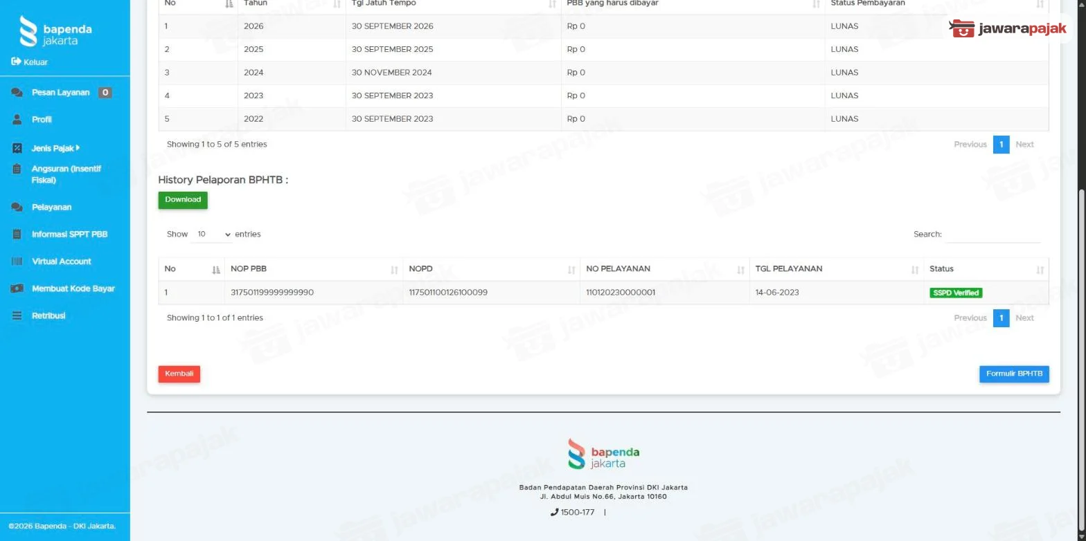 Bagian History Pelaporan BPHTB dengan tombol Download, tombol Kembali di kiri bawah, dan tombol Formulir BPHTB di kanan bawah