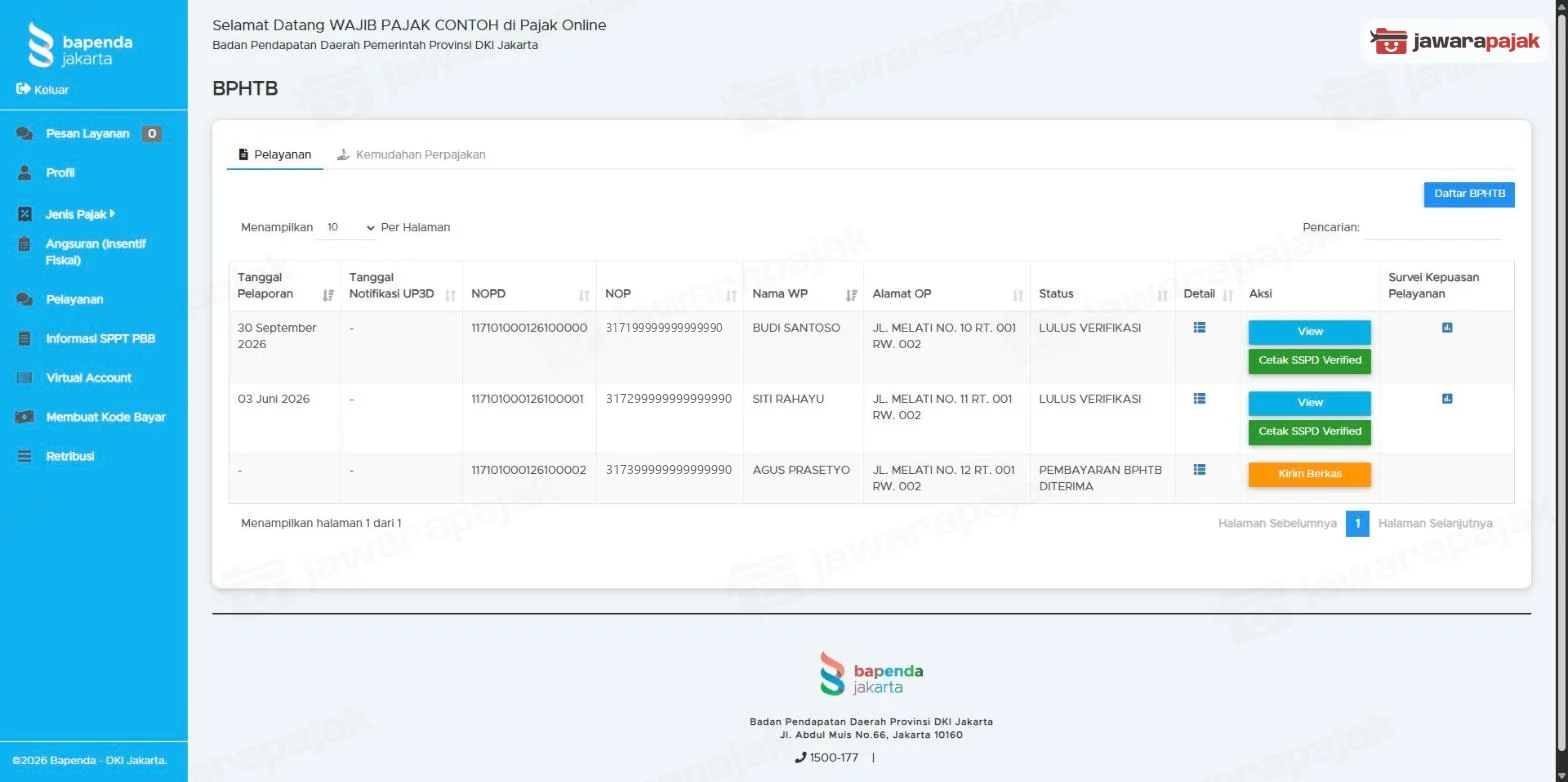 Halaman BPHTB tab Pelayanan berisi daftar SSPD dengan kolom Status dan Aksi, tombol Daftar BPHTB di kanan atas