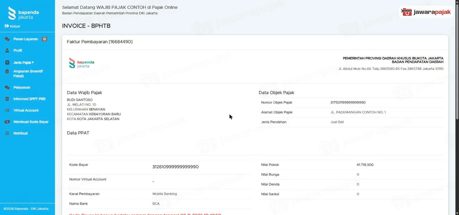 Invoice BPHTB: data wajib pajak, data objek dengan jenis perolehan Jual Beli, kode bayar, kanal Mobile Banking, bank BCA, dan nilai pokok