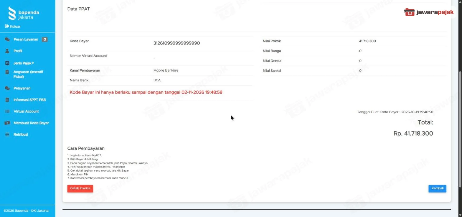 Kode bayar 18 digit, batas berlaku kode bayar berwarna merah, total, Cara Pembayaran, tombol Cetak Invoice dan Kembali