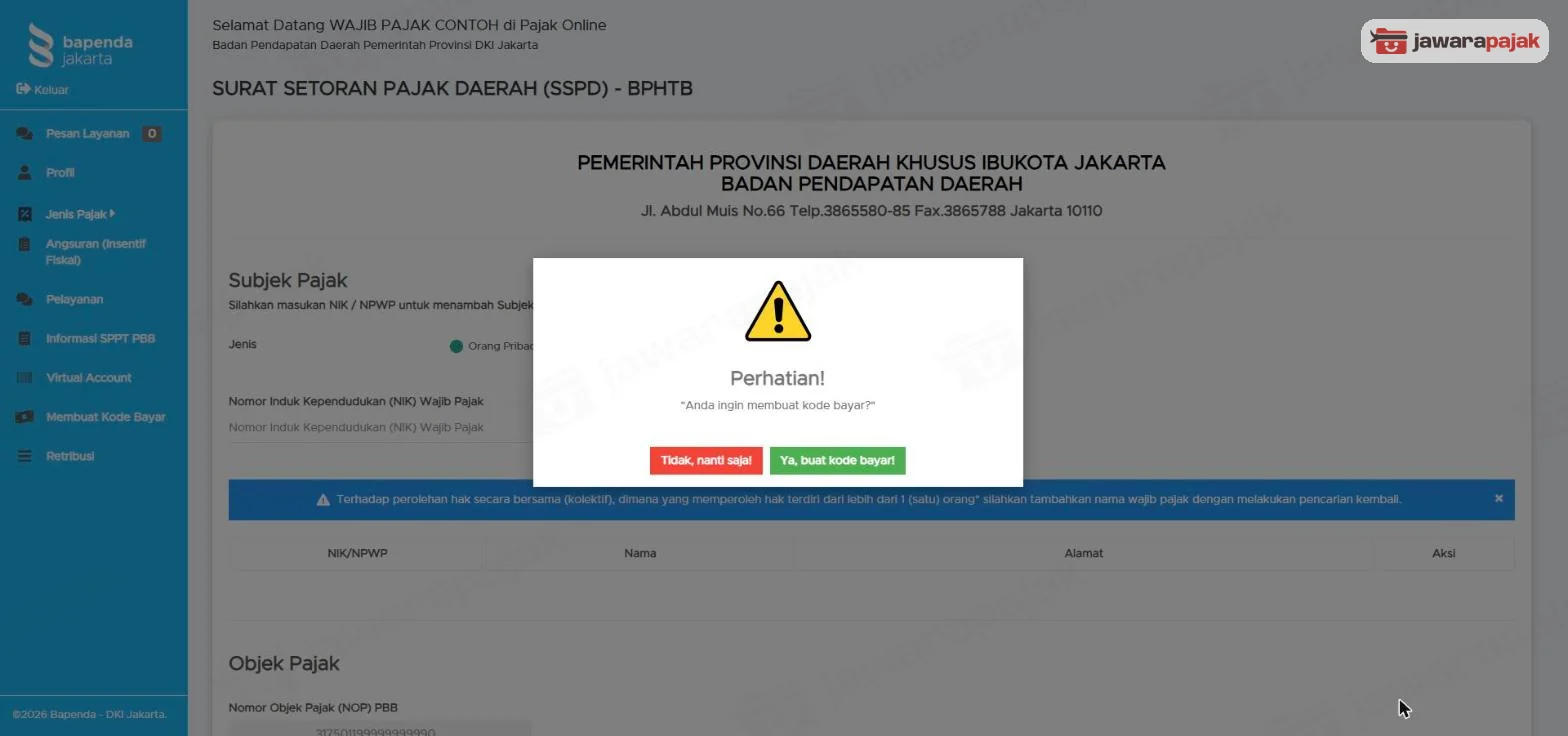 Pop up Perhatian: Anda ingin membuat kode bayar? dengan tombol Tidak, nanti saja! dan Ya, buat kode bayar!