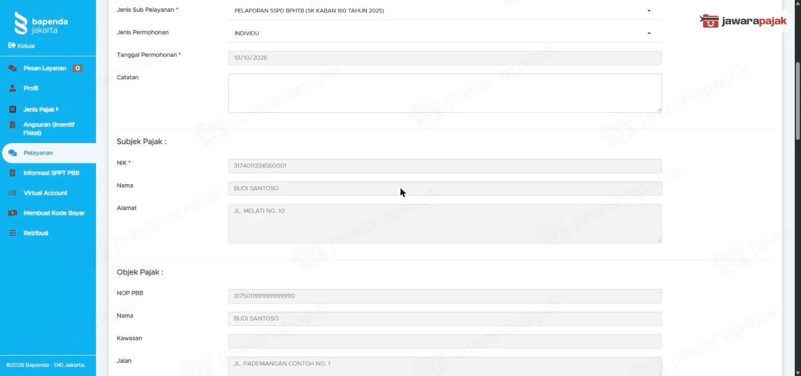 Bagian Subjek Pajak dan Objek Pajak di halaman permohonan, semua terkunci
