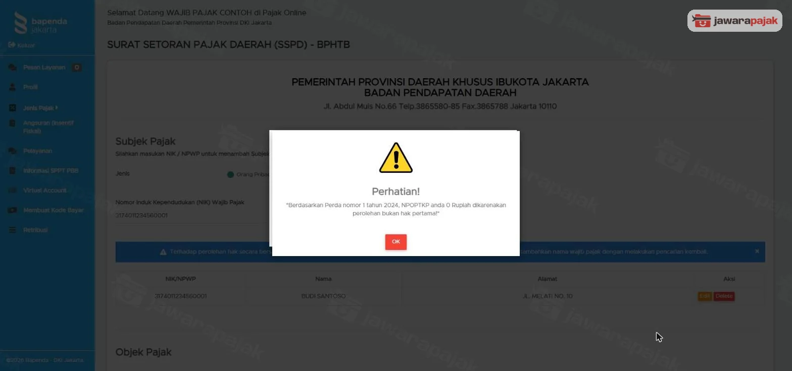 Pop up Perhatian: NPOPTKP anda 0 Rupiah dikarenakan perolehan bukan hak pertama, dengan tombol OK