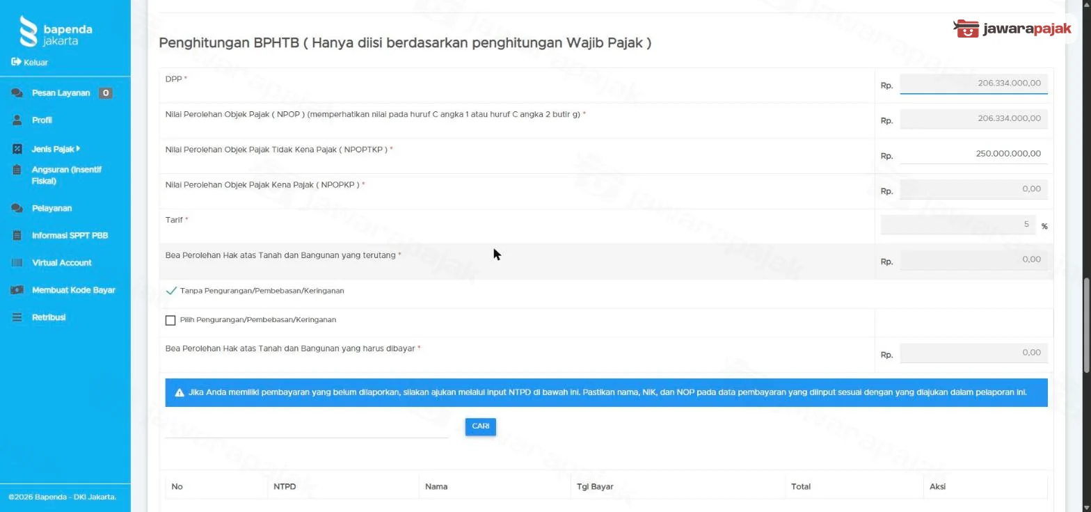 Penghitungan BPHTB SSPD nihil: NPOP Rp206.334.000, NPOPTKP Rp250.000.000, NPOPKP Rp0, tarif 5%, BPHTB terutang Rp0