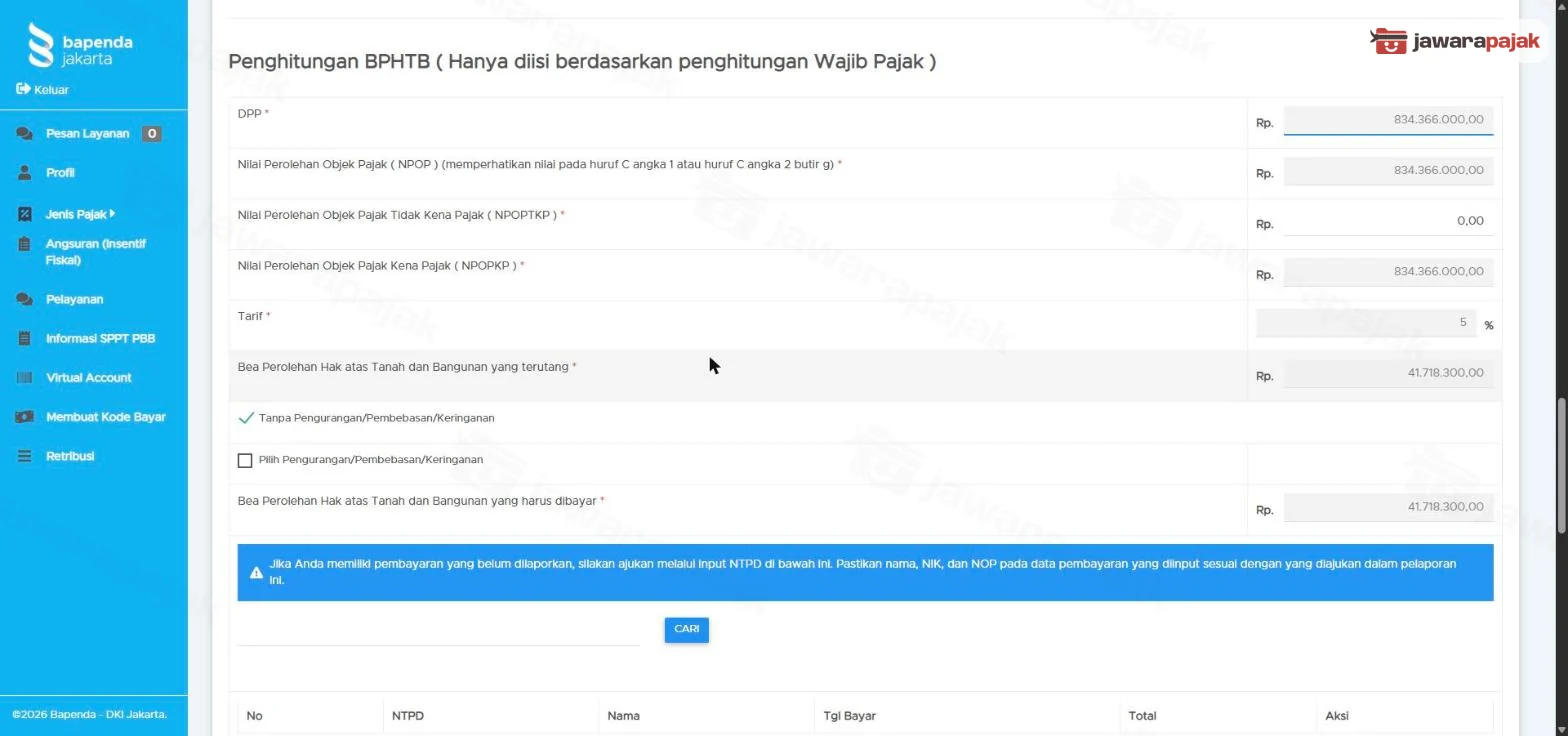 Penghitungan BPHTB SSPD terutang: NPOP Rp834.366.000, NPOPTKP Rp0, NPOPKP Rp834.366.000, BPHTB terutang Rp41.718.300