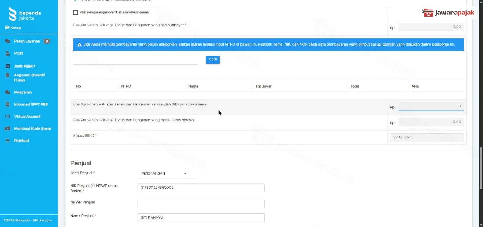 Baris BPHTB yang sudah dibayar sebelumnya Rp0, yang masih harus dibayar Rp0, dan Status SSPD bertuliskan SSPD NIHIL