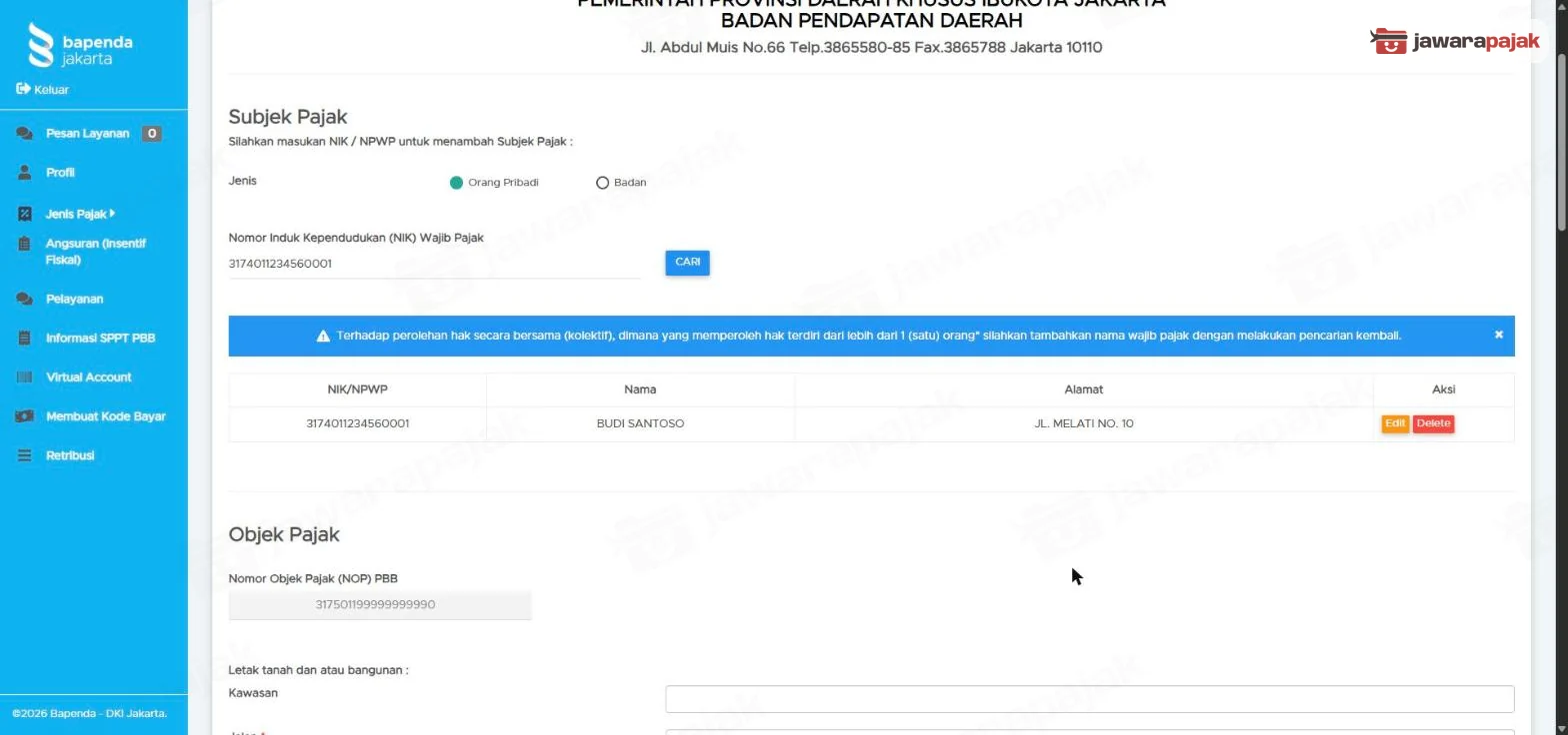 Tabel Subjek Pajak berisi NIK, nama, dan alamat wajib pajak dengan tombol Edit dan Delete
