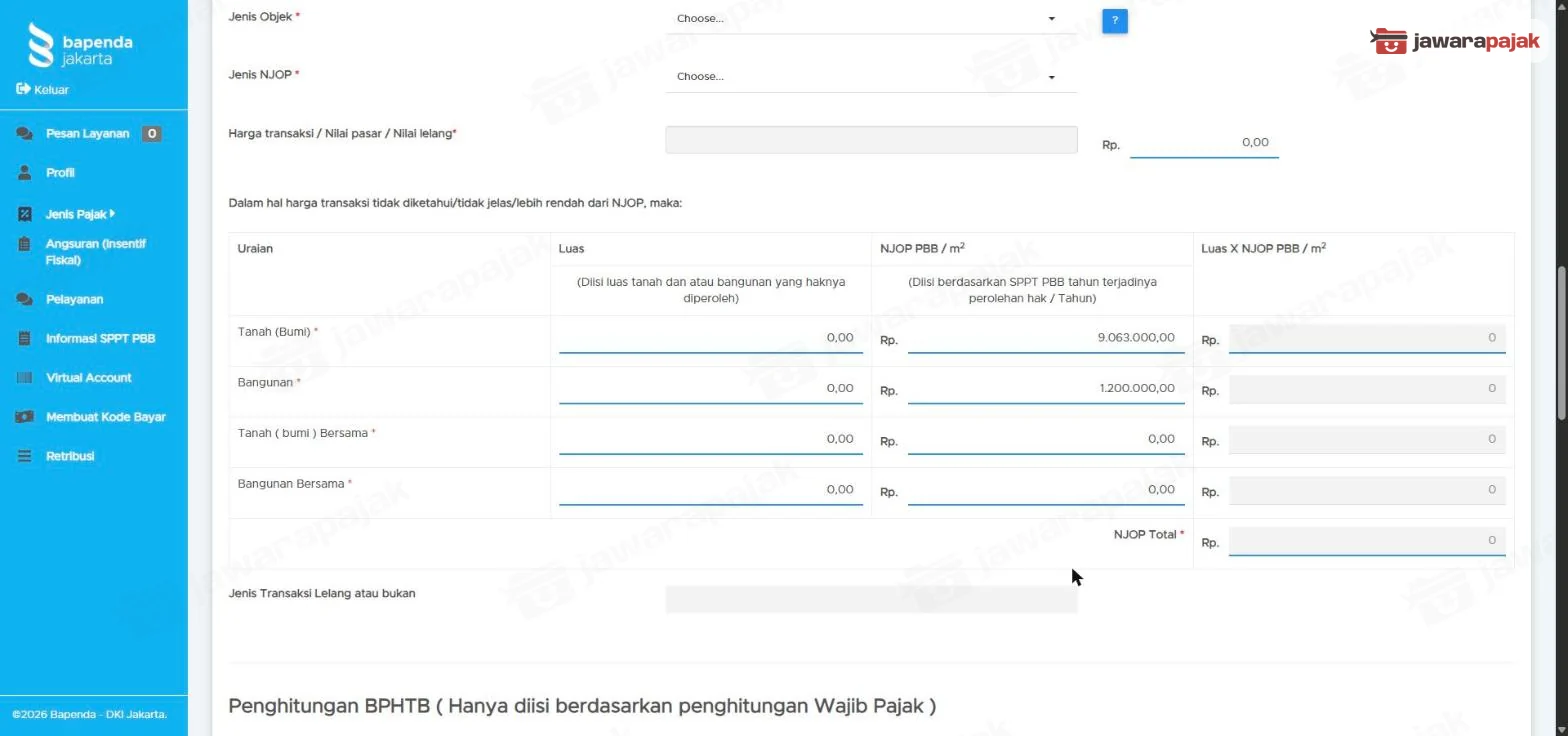 Bagian Perhitungan BPHTB Terhutang sebelum diisi: Jenis Objek, Jenis NJOP, harga, dan tabel luas kali NJOP per meter